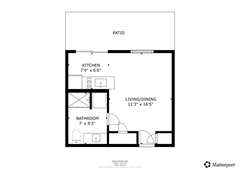 Floor plan for studio, 1 bath, 304 sqft